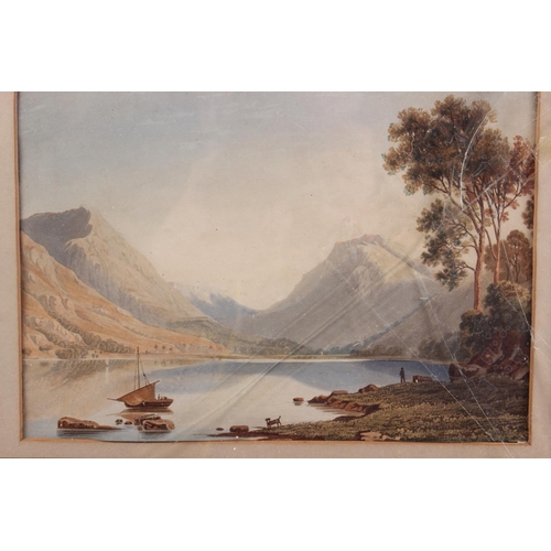 384 - John Varley: an 18th century aquatint, landscape with lake and mountains, in gilt frame