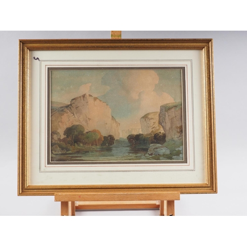 431 - Percy Lancaster: watercolours, river landscape with gorge and cliffs, 9