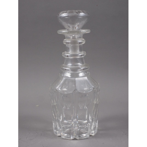 1 - An early 19th century cut glass three ring necked decanter and a stopper, 8 1/2