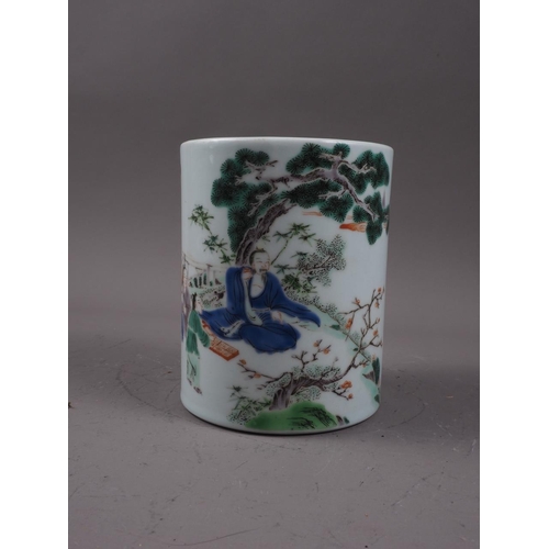 102 - A Chinese famille verte brush pot, decorated figures in a landscape, 5