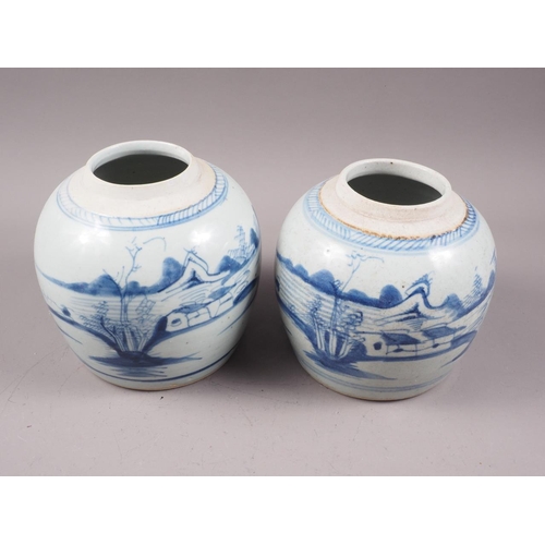 110 - Two matched Chinese blue and white ginger jars with landscape decoration (lacking covers), 6 1/2