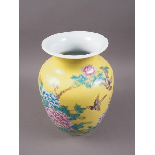 114 - A Chinese porcelain yellow ground vase with bird and flower decoration and verse to reverse, 11