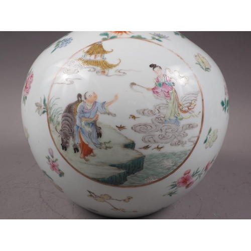 118 - A Chinese porcelain bulbous vase with enamelled panels of figures in landscapes on a floral strewn g... 