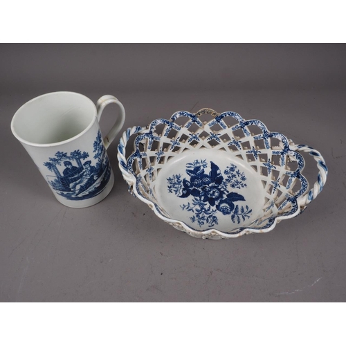 12 - A mid 18th century blue and white Worcester chestnut basket, 10 1/4