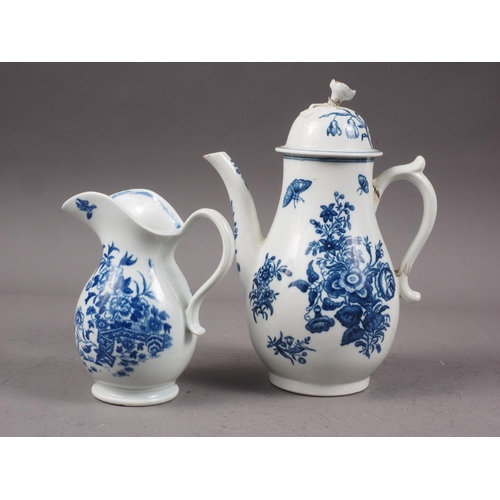 15 - A mid 18th century Worcester blue and white transfer decorated coffee pot and cover, 7 3/4