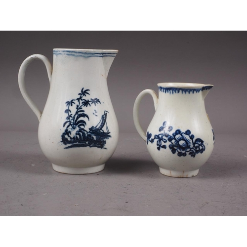 16 - A mid 18th century Liverpool blue and white sparrow beak jug with transfer printed chinoiserie lands... 