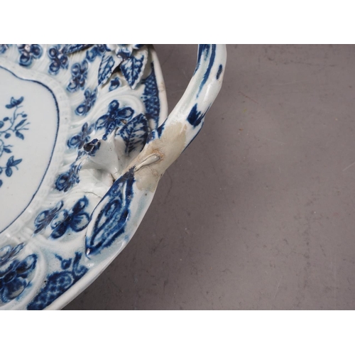 20 - A mid 18th century blue and white Worcester relief decorated two-handled dish, 11