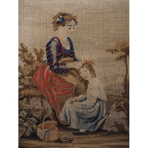 247 - Two mid 19th century needlepoint panels, children with puppy, and mother and daughter, 14