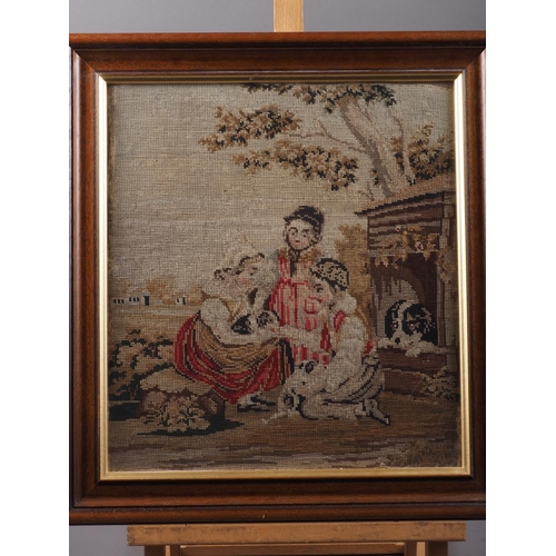 247 - Two mid 19th century needlepoint panels, children with puppy, and mother and daughter, 14