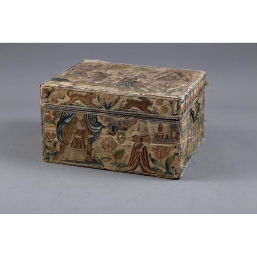 251 - A mid 17th century silk stump work and embroidered box with part fitted interior and silvered carry ... 