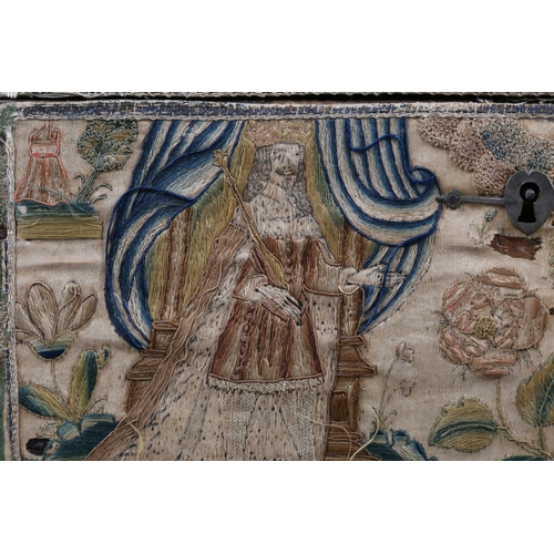 251 - A mid 17th century silk stump work and embroidered box with part fitted interior and silvered carry ... 