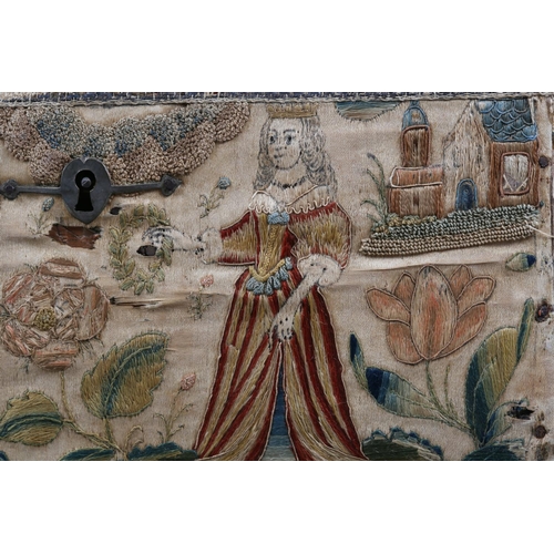 251 - A mid 17th century silk stump work and embroidered box with part fitted interior and silvered carry ... 