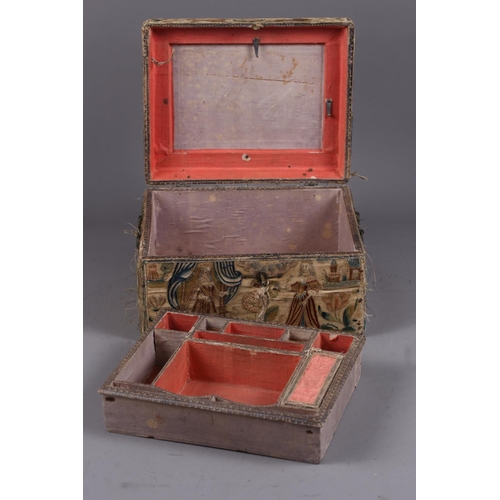 251 - A mid 17th century silk stump work and embroidered box with part fitted interior and silvered carry ... 