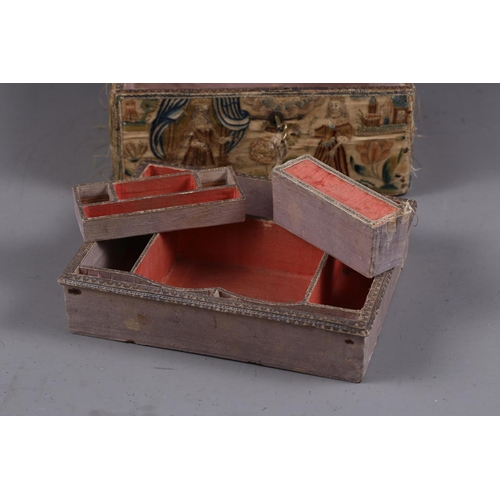 251 - A mid 17th century silk stump work and embroidered box with part fitted interior and silvered carry ... 