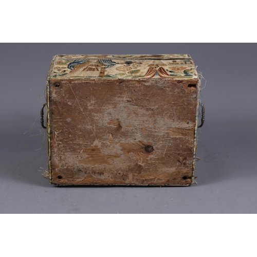 251 - A mid 17th century silk stump work and embroidered box with part fitted interior and silvered carry ... 