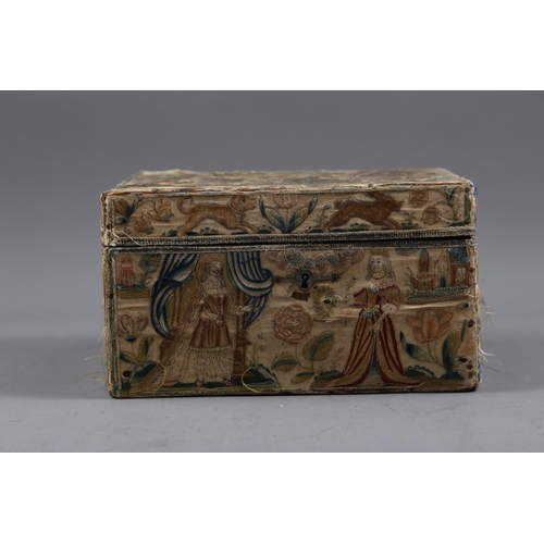 251 - A mid 17th century silk stump work and embroidered box with part fitted interior and silvered carry ... 