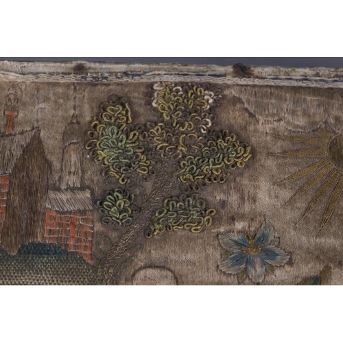 251 - A mid 17th century silk stump work and embroidered box with part fitted interior and silvered carry ... 