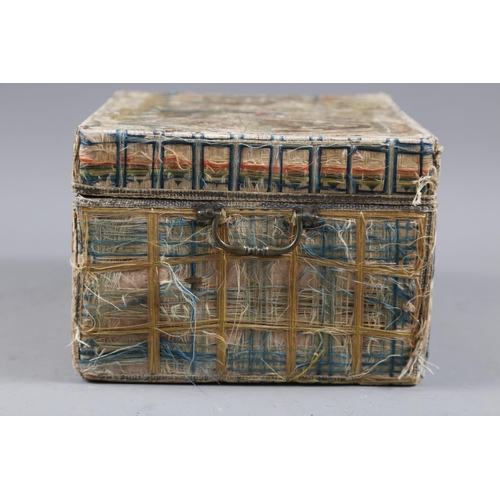 251 - A mid 17th century silk stump work and embroidered box with part fitted interior and silvered carry ... 