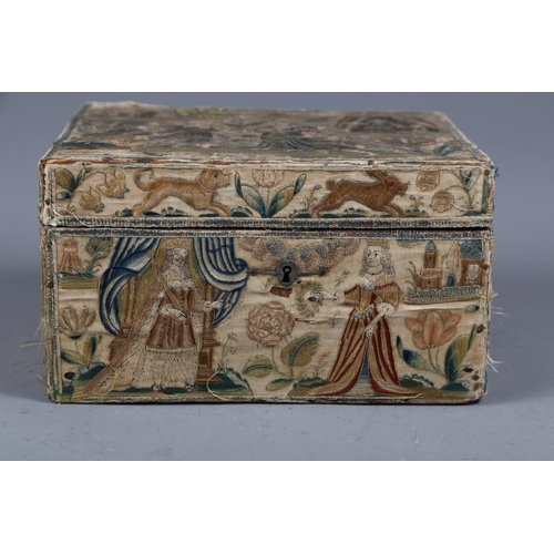 251 - A mid 17th century silk stump work and embroidered box with part fitted interior and silvered carry ... 