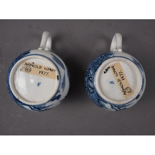 27 - A pair of Caughley blue and white baluster cups with proto-willow pattern design, 2 1/4