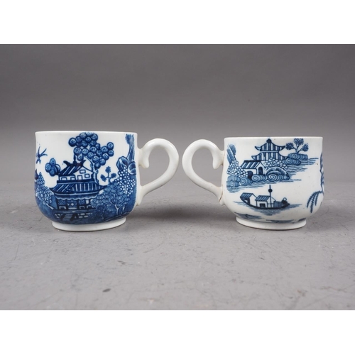 27 - A pair of Caughley blue and white baluster cups with proto-willow pattern design, 2 1/4