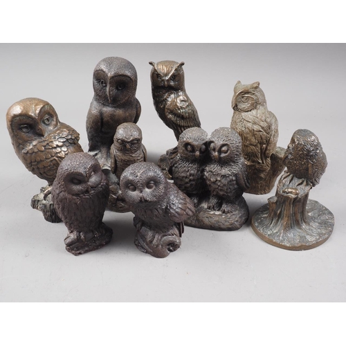 278 - Nine cold cast bronze owl models, various