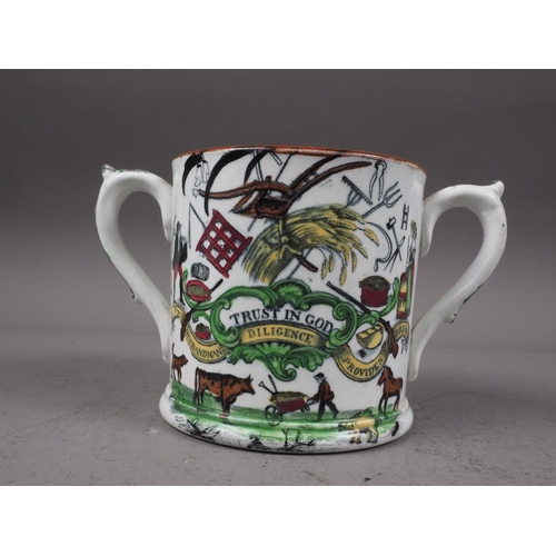 31 - A 19th century transfer printed two-handled loving cup, two floral decorated plates, two smaller sim... 