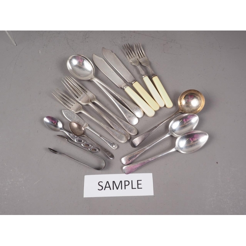 311 - A quantity of loose silver plate cutlery, a silver ladle and a teaspoon