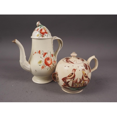 32 - An 18th century Leeds creamware polychrome coffee pot with crossover handle and cover, 8