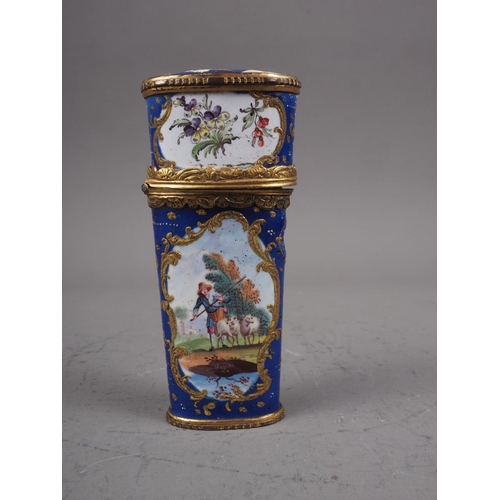 324 - An 18th century gilt metal and enamelled etui case (lacking contents and thumb piece)