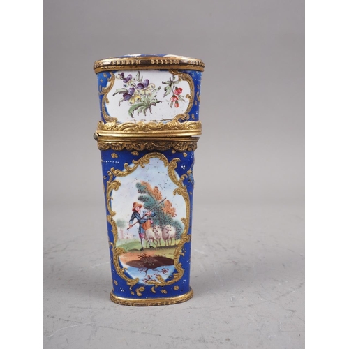 324 - An 18th century gilt metal and enamelled etui case (lacking contents and thumb piece)