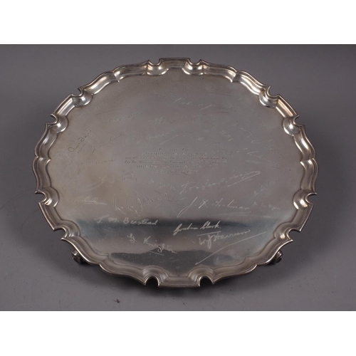 325 - An engraved silver pie-crust edge salver, 28oz troy approx