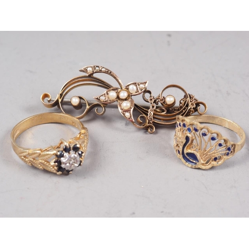 342 - A 9ct gold and seed pearl brooch, 3.9g, a 9ct gold peacock ring, size M, 1.8g, and a 9ct gold diamon... 