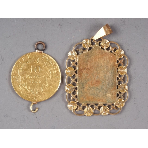 345 - An 18ct gold pendant, 5.2g, and a gold 10-Franc coin, dated 1865 (hard mounted), 3.3g