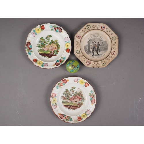 35 - A pair of 19th century cottage decorated nursery plates, a similar plate with transfer decoration, 