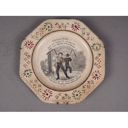 35 - A pair of 19th century cottage decorated nursery plates, a similar plate with transfer decoration, 