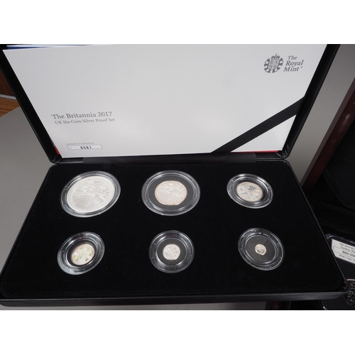 362 - A 2017 UK six coin proof set, a 2019 silver proof 50p silver proof 50p six coin set, a silver Kruger... 