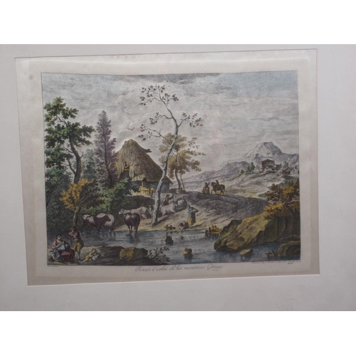 368 - A set of six coloured engravings on silk, 18th century landscapes, in painted frames