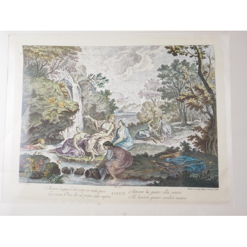 368 - A set of six coloured engravings on silk, 18th century landscapes, in painted frames