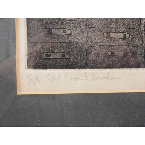 380 - Joseph Buttons?: a signed soft ground etching, old Covent Garden, 2/25, in aluminium strip frame