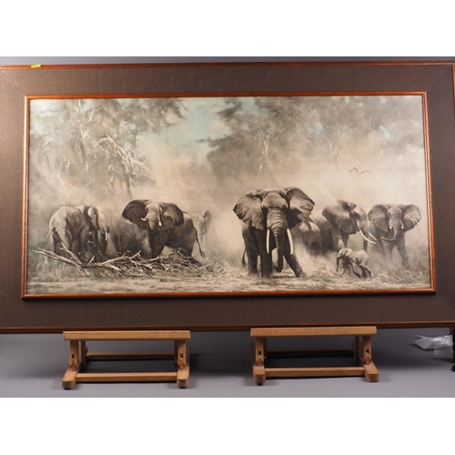 394 - David Shepherd: two colour prints, elephants, and an oil on canvas elephant study