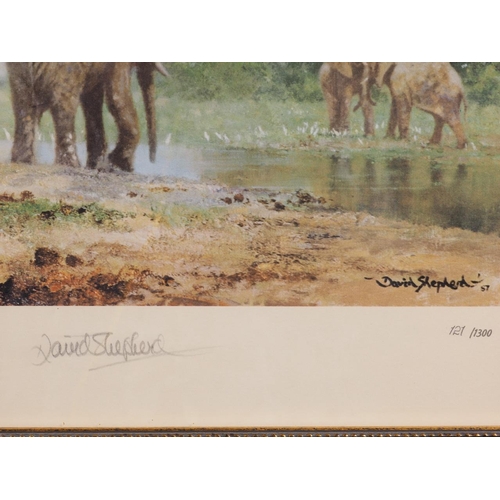 394 - David Shepherd: two colour prints, elephants, and an oil on canvas elephant study