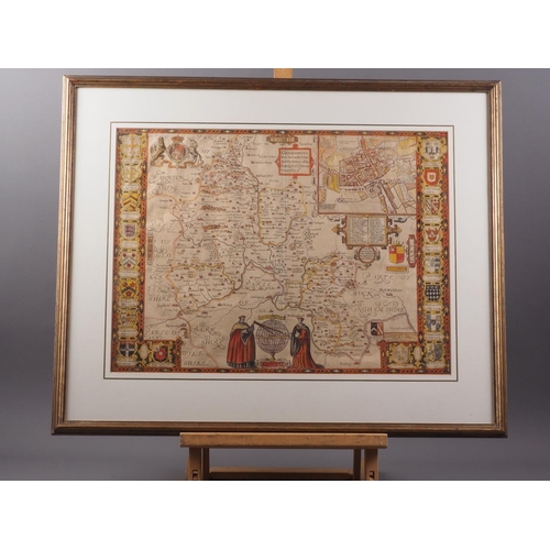 412 - John Speed: a 16th century hand-coloured map of Oxfordshire, in strip frame