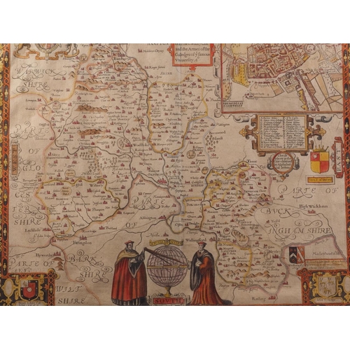 412 - John Speed: a 16th century hand-coloured map of Oxfordshire, in strip frame