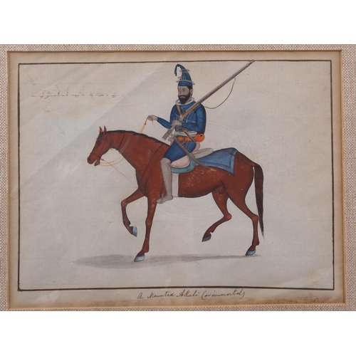 416 - Indian Company School, 1830-1850: watercolour of a Sikh Akali soldier on horseback, holding a matchl... 