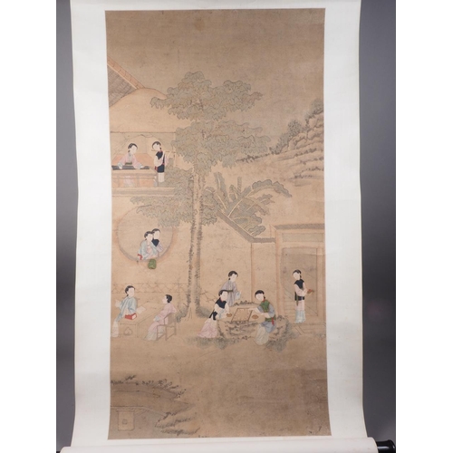 453 - A Chinese watercolour on linen scroll, women in a court garden, 36 3/4