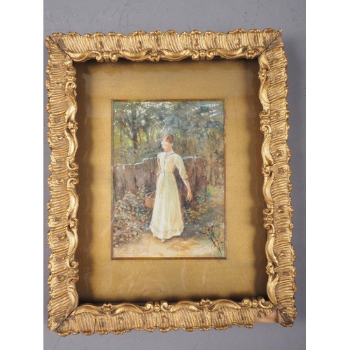 454 - Carlton G Smith: watercolours, girl in white dress carrying basket, 5 1/4