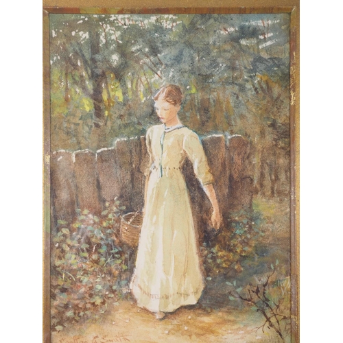 454 - Carlton G Smith: watercolours, girl in white dress carrying basket, 5 1/4