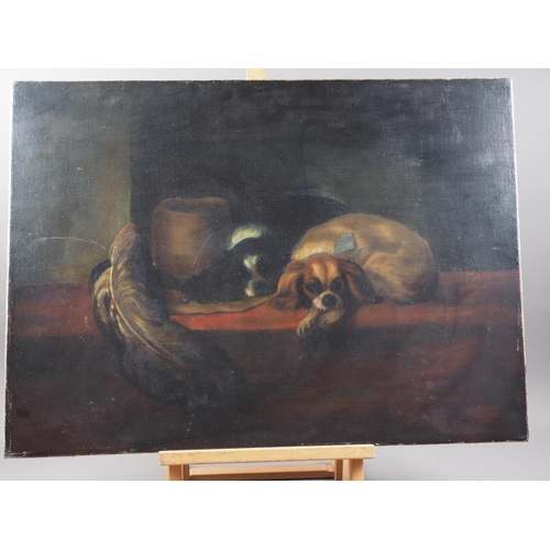 466 - A 19th century oil on canvas, two King Charles spaniels, 22