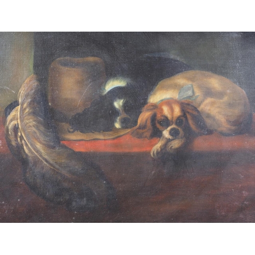 466 - A 19th century oil on canvas, two King Charles spaniels, 22